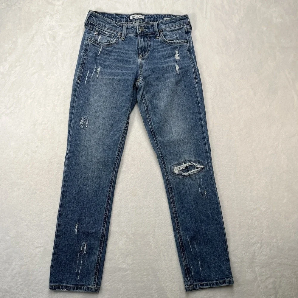 Dear John Erin Slim Straight Jeans Womens 25 Medium Wash Denim Distressed
